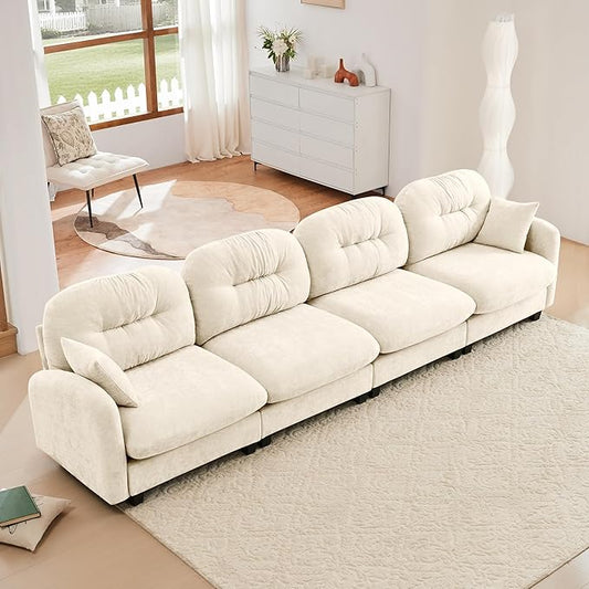KEIKI 140" Oversized Chenille Modular Sectional Sofa with High-Density Foam Cushion and Tufted Pleated Cushion Backrest, Upholstered Modern 4-Seater Cloud Couch with 2 Pillow, for Living Room, Beige