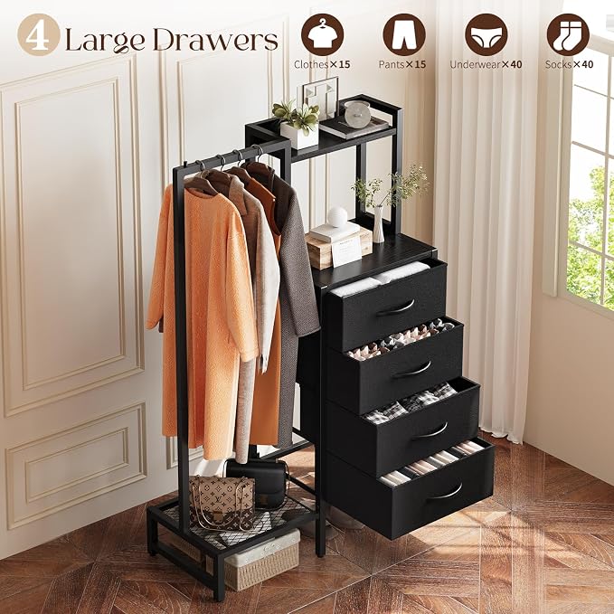 Yoobure Black Dresser with Hanging Rack - Small Closet with 4 Fabric Storage Drawers, 44" H Dresser with Clothes Rack, Chest of Drawer, Kids Dressers for Bedroom, Entryway, Living Room, Sturdy Frame - Image 4