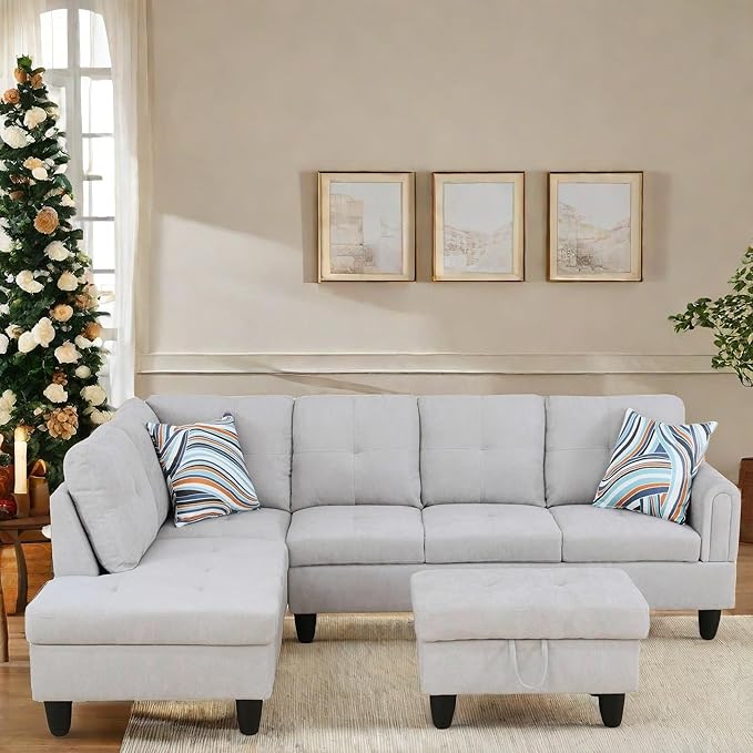 FONTOI L Shaped Sectional Couch with Otttoman, 97" Sectional Sofa for Living Room Flannel Modular Couches with Cup Holders for Bedroom, Apartments, Light Grey