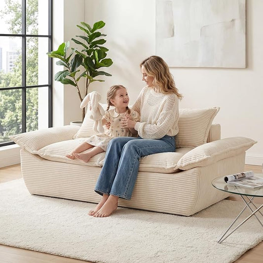 59" Boneless Loveseat Sofa, 2-Seater Beige Boneless Sofa with Removable Cushions & 2 Pillows, Small Couch Boneless Compress Foam Sofa for Living Room, Apartments, & Office