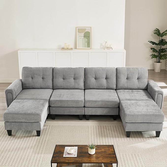 ERYE 115-Inch U-Shaped Modular Sectional Sofa Include 2 Ottomans and 4 Seat, Comfy Chenille Upholstered Tufted U Shaped Sectional Couch W/Coffee Table and USB-C Ports