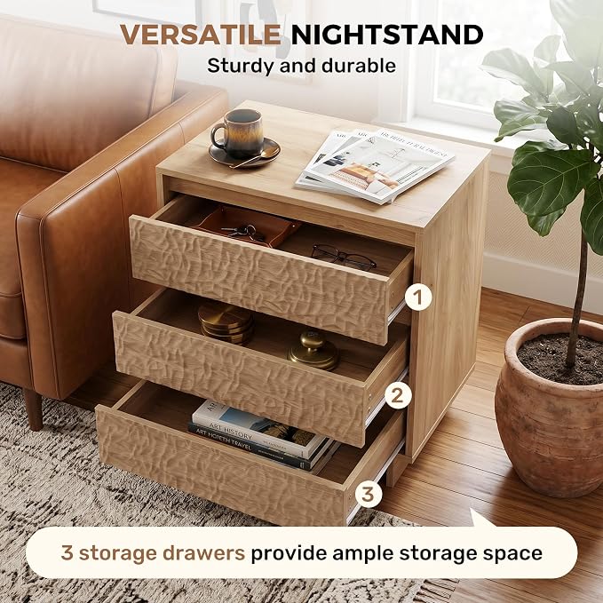 Miereirl Nightstands with Charging Station, Modern Nightstand with 3 Drawers, 26.5" W Wooden End Side Table for Bedroom, Natural Oak - Image 3