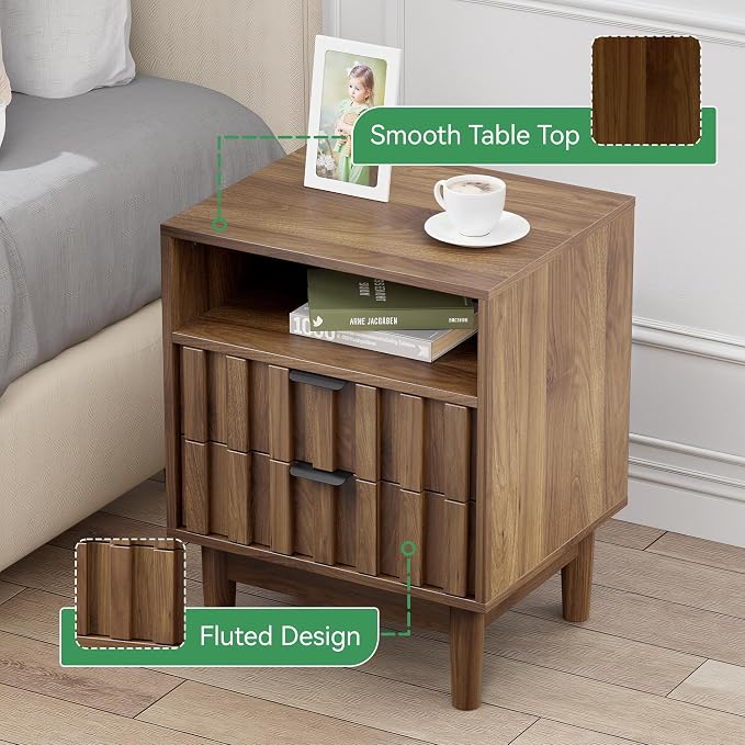 Fluted Nightstand with 2 Drawers, 19" Wide Night Stand with Solid Wood Legs, Open Storage Shelf, Mid Century Modern Wooden Bedside Table for Bedroom, Bed End Side Table, Walnut - Image 4