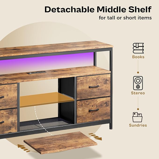 Huuger TV Stand Dresser with Power Outlets and LED Lights, 4 Drawers Entertainment Center with Shelves, 54 Inch Media Console for 55 60 Inch TV, 4 AC Outlets, 2 USBs, Rustic Brown - Image 5