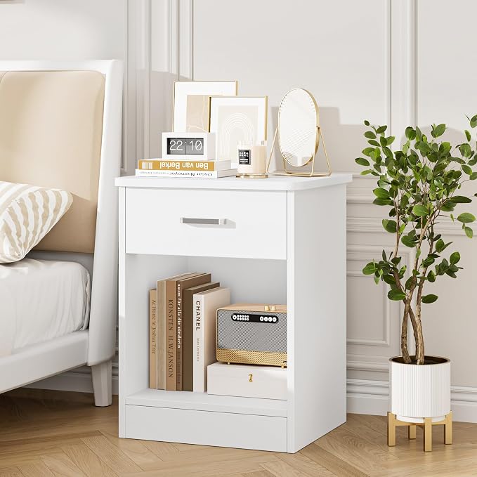 FOTOSOK Nightstand Set of 2, White Nightstand with Drawer and Storage Shelf, Bedside Table End Table, Modern Night Stand for Bedroom, Home Office,White - Image 8