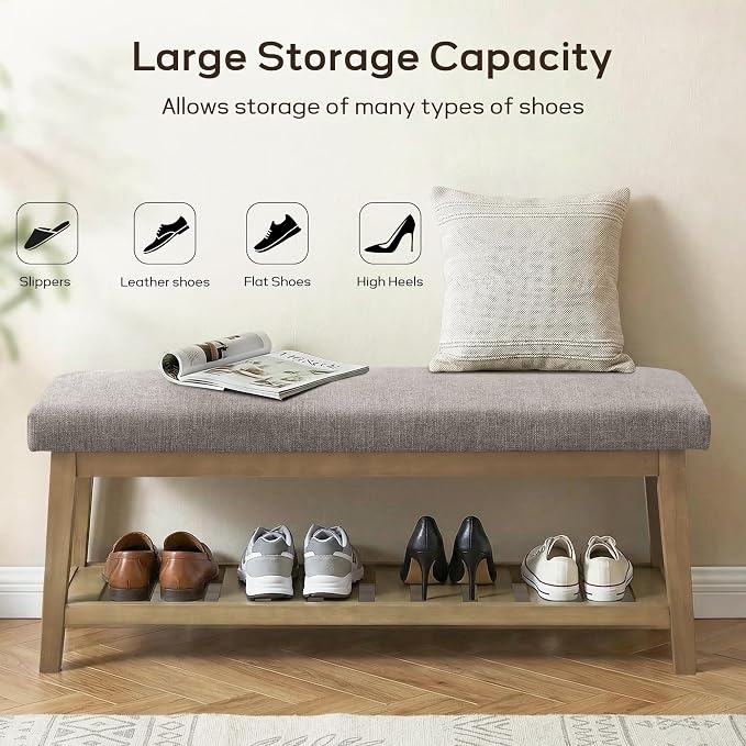 Entryway Bench with Cushion, Upholstered Shoe Rack Bench with Solid Wood Shelf, 44" End of Bed Bench for Bedroom, Chenille Fabric Storage Bench for Entryway, Hallway, Living Room (Grey) - Image 7