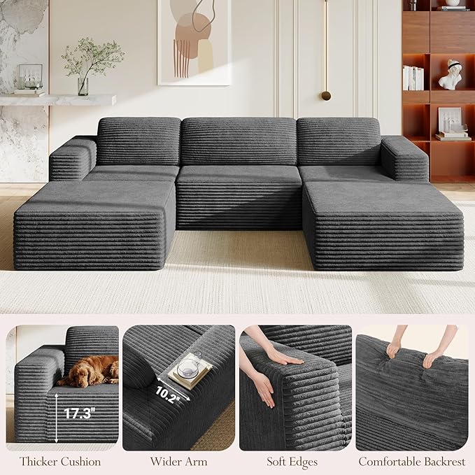Vesgantti 119" Oversized U-Shaped Modular Sectional Sofa, Corduroy Cloud Couch with Deep Seating & Spring Support, Convertible Sofa with 2 Ottomans, Boneless Couch, No Assembly Required, Grey