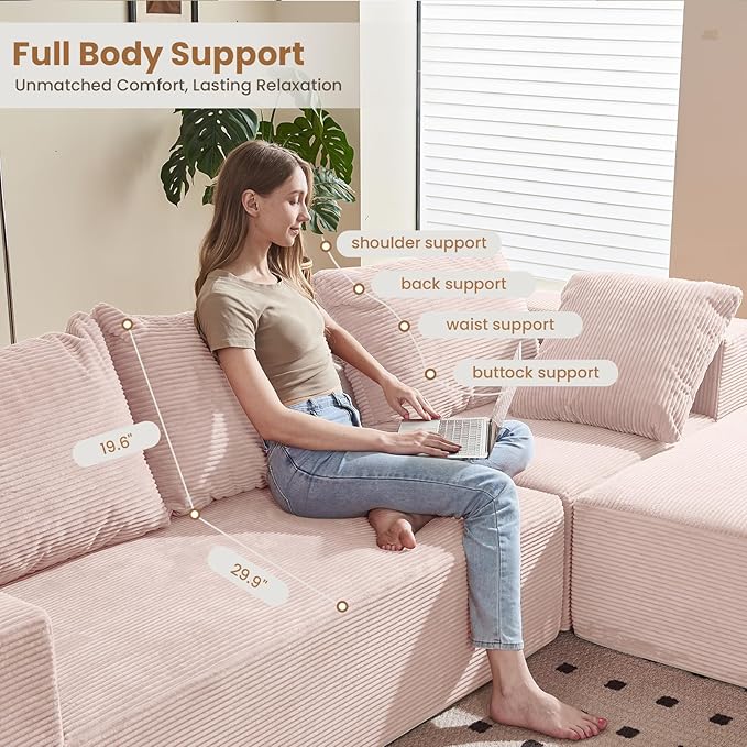 108" L-Shaped Boneless Couch, Modular Sectional Sofa with Moveable Ottoman, Corduroy Cloud Couches for Living Room, No Assembly, Ship in a Box, Pink