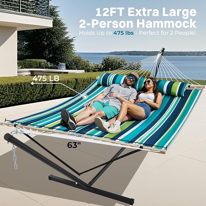 SUPERJARE Hammock with Stand, 2 Person Quilted Outdoor Hammock, Detachable Pillow & Bamboo Spreaders, Portable Hammock with Carrying Bag, Heavy Duty Stand, Perfect for Outside, Patio, Dark Cyan - Image 3