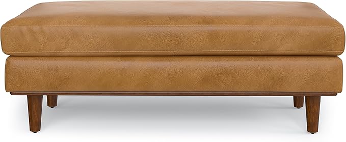 SIMPLIHOME Morrison 49 inch Wide Large Rectangular Ottoman in Sienna Genuine Leather, Multifunctional Footrest, Coffee Table, and Extra Seating for Living Room, Mid-Century Modern Style