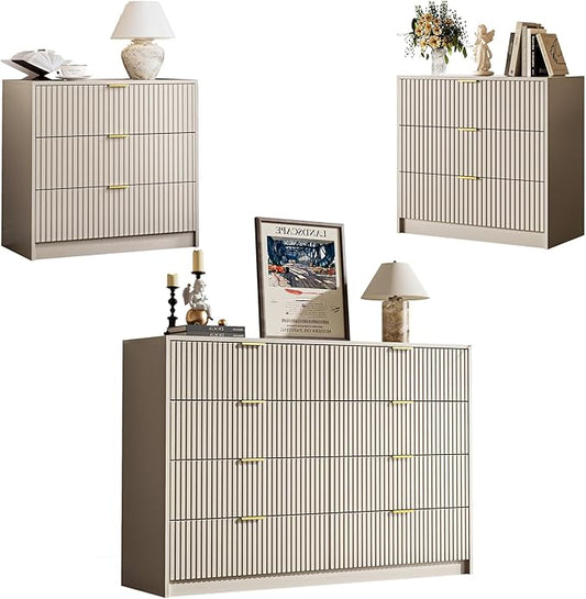 MAISONARIA 3-Piece Dresser Bedroom Set, 8 Drawer Dresser & 3 Drawer Nightstands with Gold Handles, Fluted Wood Chest of Drawers for Bedroom, Living Room, Entryway, Beige