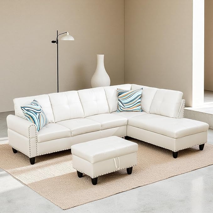 Sectional Couches for Living Room, Convertible 4 Seat Modular Sectional Sofa Set for Living Room, L Shaped Couch or U Shaped Couch with Storage Ottoman for Apartment, Leather White