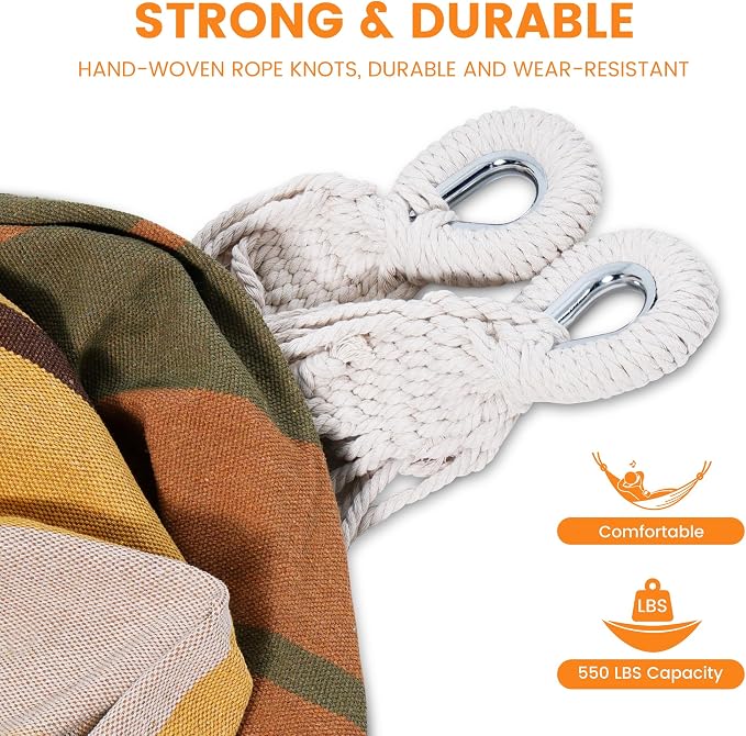 Lazy Daze Hammocks Double Brazilian Cotton Hammock, Extra Large Portable Outdoor Camping Hammock with Tree Straps & Travel Bag for Backyard Patio Poolside Indoor, 550lbs Capacity, Brown & Khaki - Image 4