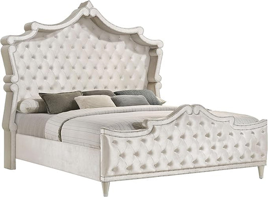 Coaster Home Furnishings Antonella Modern Classic 4-Piece Bedroom Set Velvet Upholstered Eastern King Size Panel Bed Frame 79-inch Headboard Ivory and Camel 223521KE-S4