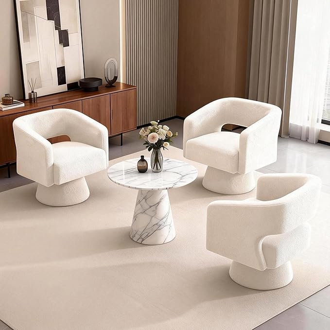 ClinQ Swivel Barrel Accent Chair, Oversized Teddy Upholstered Round Swivel Chairs Set of 3, Modern Luxury 360° Living Room Vanity Chair for Bedroom Office&Living Room, White