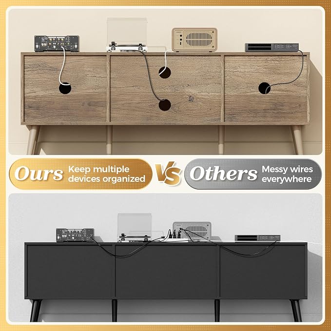 SUPERJARE TV Stand for 55 Inch TV, Entertainment Center with Adjustable Shelf, 2 Cabinets, TV Console Table, Media Console, Solid Wood Feet, Cord Holes, for Living Room, Bedroom, Gray and White - Image 5
