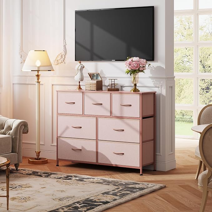 WLIVE 7 Drawer Dresser TV Stand, Entertainment Center, Media Console Table with Metal Frame and Wood Top for TV up to 45 inch, Chest of Drawers for Bedroom, Living Room, Pink - Image 4