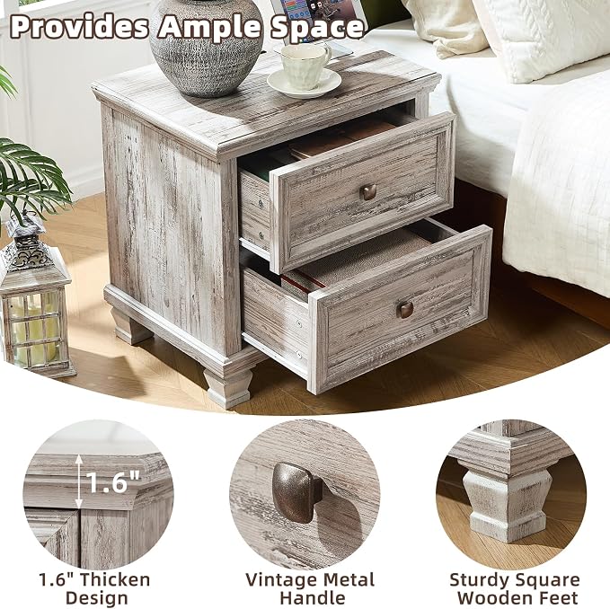 SAVOR LIFE Farmhouse Nightstand with Charging Station, Rustic Low Night Stand with 2 Drawers, Mid-Century Modern End Table with 4 Square Solid Wood Legs, Small Vintage Dresser for Bedroom, Home, Grey - Image 5