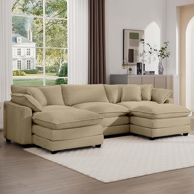 KEIKI 115" U-Shaped Oversized Corduroy Modular Sectional Sofa with 2 Ottoman, High-Density Foam Cushions, Removable Armrests, Upholstered 3-Seater Corner Couch with 5 Pillow, for Living Room, Tan