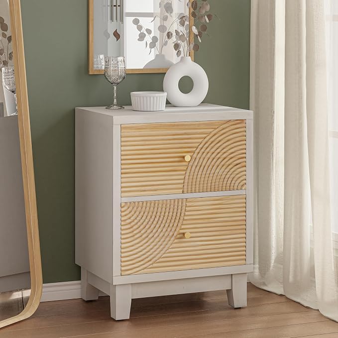 COZAYH 2-Drawer Farmhouse Nightstand X 2P, Mid Century Nightstand Fully Assembled with Handcrafted Wood Ring Pattern for Boho, Mid-Century, Rustic Style, White - Image 8
