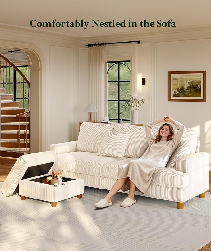 25.2" Couches for Living Room, Comfy Beige Ottoman with Storage, Foot Rest Tool-Free Setup, Small Ottoman Foot Rest for Couch, Corduroy Couch for Bedroom, Apartment, Office