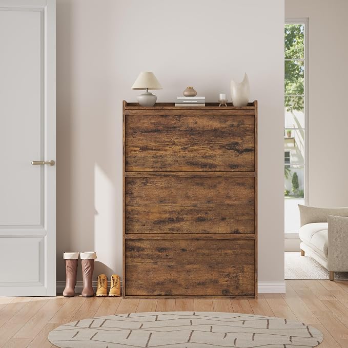 GarveeHome Shoe Cabinet with 3 Flip Drawers, Wooden Shoe Organizer Cabinet with Adjustable Shelf, Shoe Storage for Entryway, Hidden Shoe Cabinet for Hallway, Living Room, Rustic Brown - Image 3