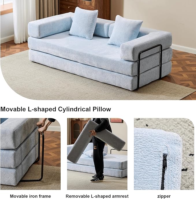 4-in-1 Folding Convertible Sofa Bed, 77" Floor Couch with Pillow - Chenille Fabric & High-Density Sponge & Fixed-Shape Frame, Modular Sofa for Living Room/Lounge/Studio, Blue