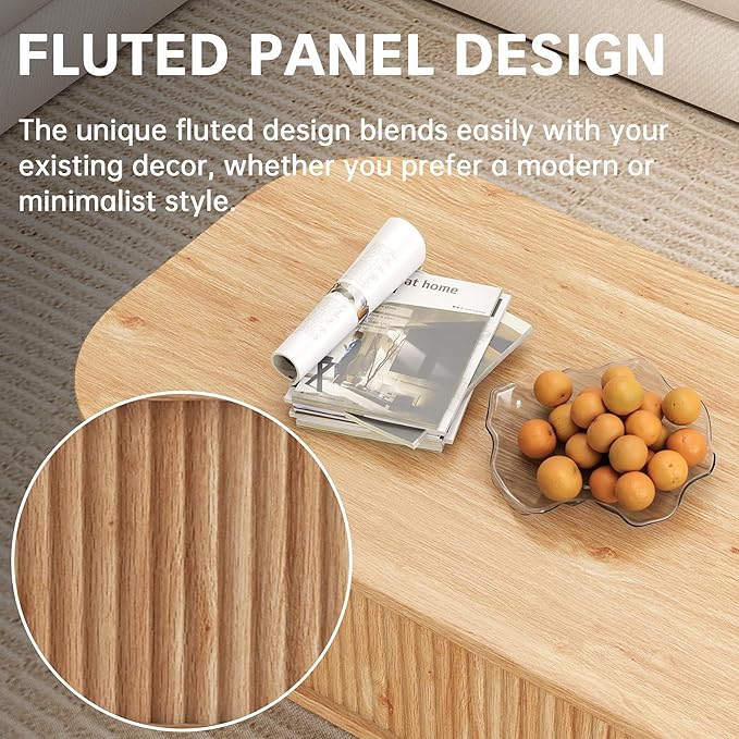 Coffee Table, Fluted Lift Top Coffee Tables for Living Room, Center Tables with Hidden Compartment, Modern Oval Coffee Table for Home Office, Natural