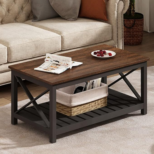 ChooChoo Coffee Table, Rustic Vintage Farmhouse Living Room Table with Shelf, 40 Black