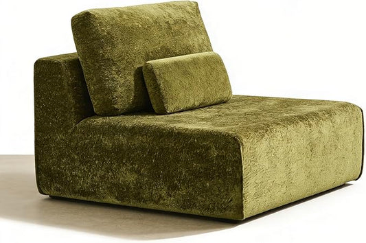Modular Single Sofa Couch, Green Plush Velvet No-Assembly Compressed Sofa, Deep-Seat Lounge Chair for Small Spaces Living Rooms Bedrooms Reading Nooks