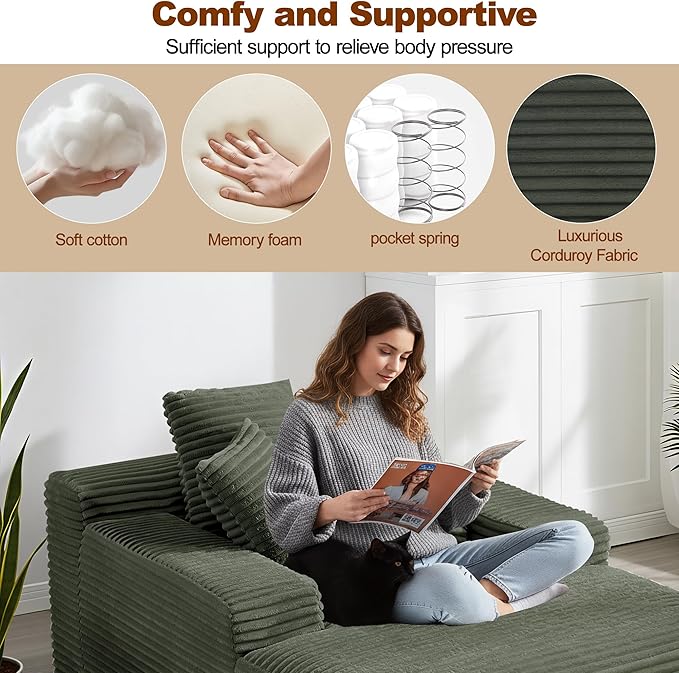67 Inch Chaise Lounge Chair Indoor, Oversized Corduroy Upholstered Boneless Sofa Bed with Amrests and 2 Pillows Cloud Sleeper Couch Reading Chair for Living Room