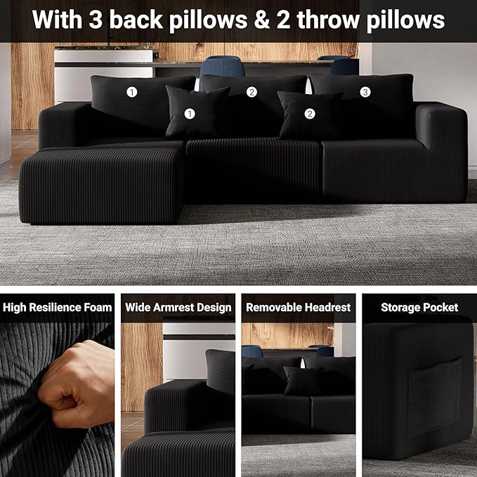 Modern Cloud Sectional Couches for Living Room, Convertible L-Shape Boneless Couches with Ottoman, 3 Seater Corduroy Modular Sectional Sofa with Pockets No Assembly (Black) | Sectional Couches, L-Shape Sofa, with Ottoman, No Assembly Required