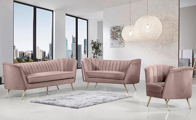 Meridian Furniture Margo Collection Modern | Contemporary Velvet Upholstered Sofa with Deep Channel Tufting and Rich Gold Stainless Steel Legs, Pink, 88" W x 30" D x 33" H