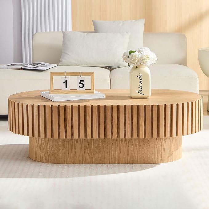 Oak Coffee Table for Living Room Oval Wooden Coffee Table with Pedestal Modern Handcrafted Centre Table Tea Table Easy Assembly 43.7"
