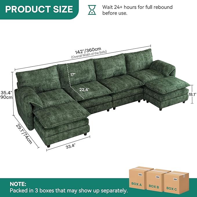DWVO 142" Modular Sectional Sofa, Modern U Shaped Couch with Movable Ottoman, Pillow-Armrest, Velvet 6 Deep Seat Cloud Couch for Living Room, Green