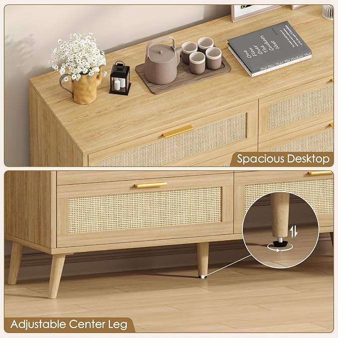 Rovaurx Rattan 6 Drawer Double Dresser for Bedroom, 47.2" Wide Boho Chest of Drawers, Modern Wooden Dresser Chest with Golden Handles, Beside Table for Closet, Living Room and Entryway, Natural Oak - Image 9