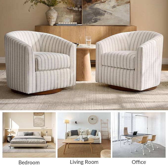HULALA HOME Modern Swivel Accent Chair with Solid Wood Base, Round Swivel Barrel Chair with Striped Pattern, No Assembly Required, Stripe