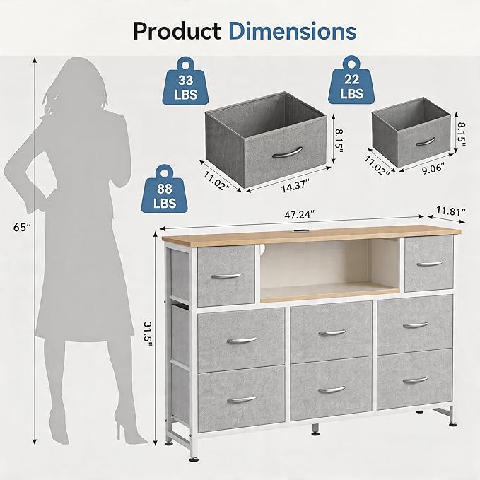 Simple Deluxe TV Stand Dresser with 8 Fabric Drawers and Open Shelves, Entertainment Center with LED Lights & Charging Station, Wood Top for 45" -55" TV, for Bedroom/Living Room/Hallway, Light Gry