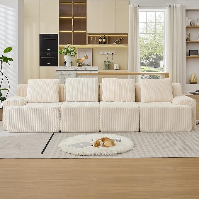 Modular Sectional Sofa, 6 Seat Modular Couch, Modular Sofa with Deep Seat and Detachable Pillow (White, 4 Pieces-Rowshape)