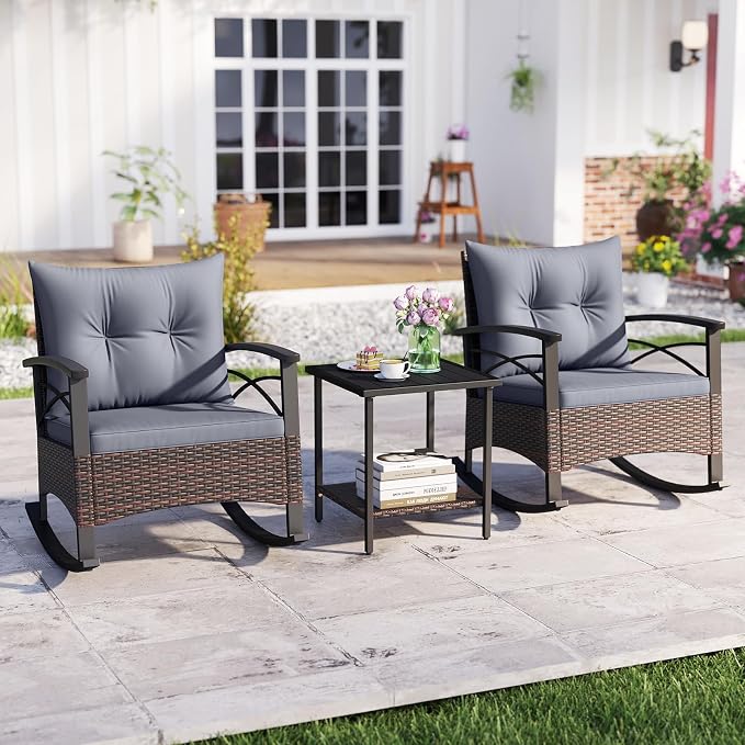 Tangkula 3 Pieces Outdoor Rocking Chairs Set, Rattan Heavy Duty Cushioned Rocker Chairs with 2-Tier Tempered Glass Coffee Table, for Garden, Balcony, Backyard (Gray) - Image 2