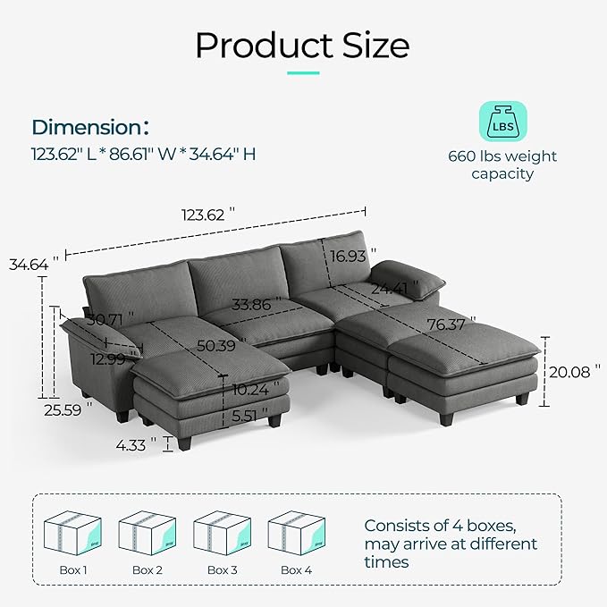 LINSY HOME Modular Sectional Sofa - 123 Inch Oversized Corduroy Cloud Couch with Movable Ottoman Soft Modern Comfy Sofa Set for Living Room Apartment Office, Grey