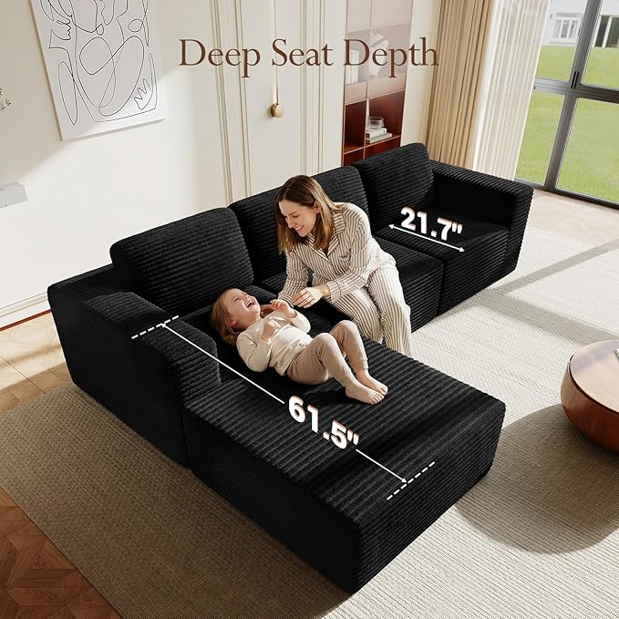 Vesgantti 119" L-Shaped Modular Sectional Sofa, Corduroy Cloud Couch with Deep Seating & Spring Support, Flexible Layout Sofa with Ottoman, Boneless Style, No Assembly Required, Black