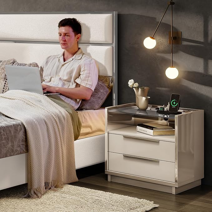 AMERLIFE Nightstand Set of 2, 23.6" High Gloss End Table with Glass Tabletop, Modern Bedside Table with Charging Station, 2 Drawers Nightstand for Bedroom, Cream & Gray - Image 9