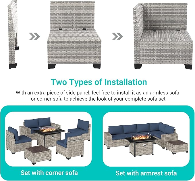 7PCS Outdoor Patio Furniture Set with 55,000 BTU Fire Pit Table, PE Wicker Rattan Sectional Sofa Patio Conversation Set with Thickened Cushions & Coffee Table for Garden, Navy Blue