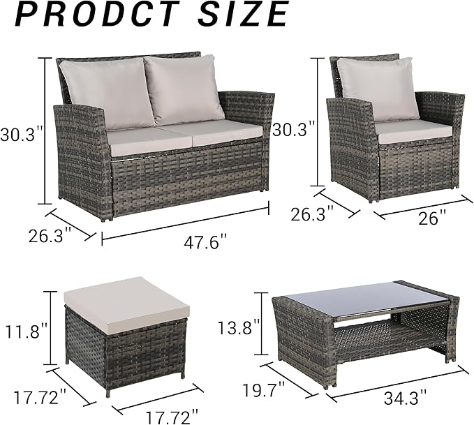 KEIKI 6-Piece Outdoor Patio Furniture Set, Rattan Patio Conversation Set with 2-Seater Sofa, 2 Single Sofa, 2 Ottomans, Coffee Table, PE Wicker Sofa Set, for Garden, Backyard, Lawn, Deck, Light Gray