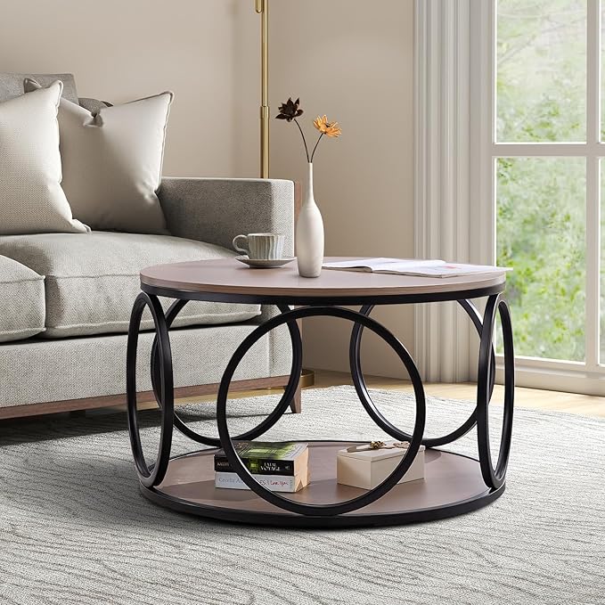 BECHAEO 31.5" Round Coffee Table with Storage - 2 Tier Vintage Coffee Table for Living Room, Industrial Design Wood Top & Metal Legs, Modern Accent Cocktail Tables for Home Office