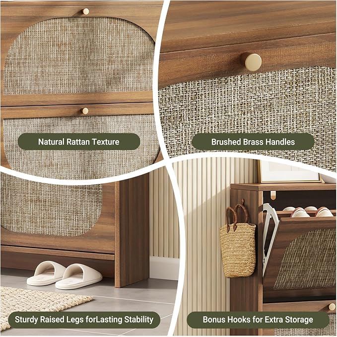 Nicetree Freestanding Ultra Slim Arched Rattan Accent Shoe Storage Cabinet for Entryway - 2 Flip Drawers & 3-Tier Adjustable Shelves, Farmhouse Modern Rustic Shoe Rack for Hallway Foyer,Oak - Image 7