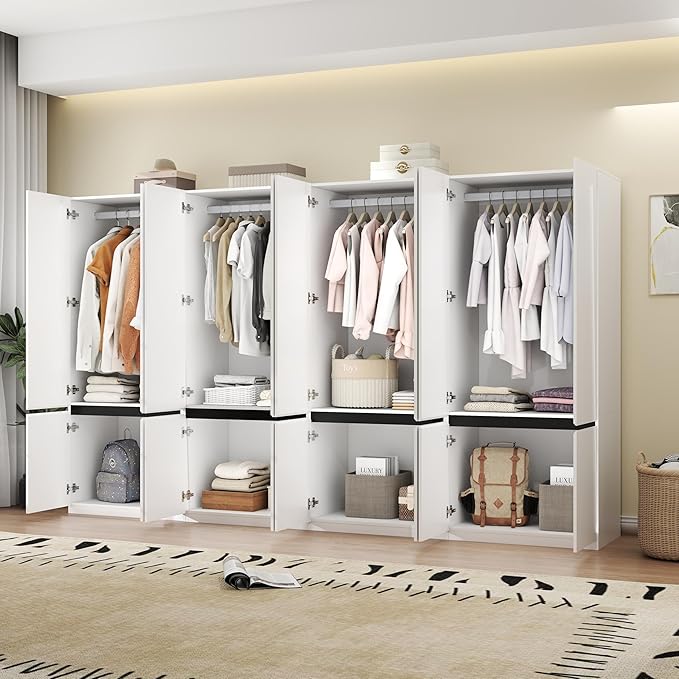 Wardrobe Closet with 8 Doors: 75" White Bedroom Armoire, Wooden Wardrobe for Hanging Clothes, Tall Storage Cabinet with Shelves and Hanging Rod (C+C+C+C, 126")