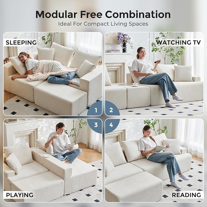 Boneless Couch, L Shaped Cloud Couches for Living Room, Comfy Fluffy Modular Sectional Sofa, Deep Seat Memory Foam Lounger with Left Facing Chaise, Free Combination, Beige