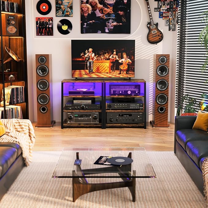 Besiost AV Media Stand with Outlets, Media Console with LED Lights, Stereo Racks and Stands with Storage Shelves, Media Audio Tower Cabinet, Rustic Brown - Image 8